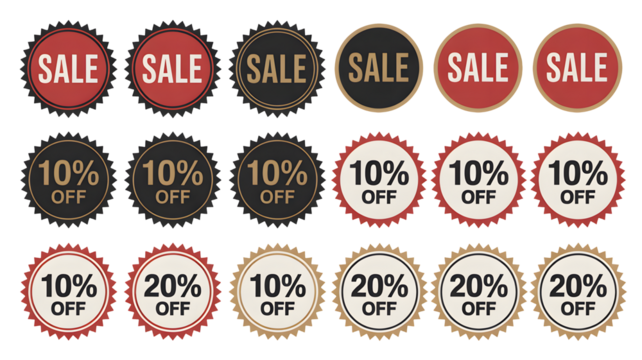 Collection of sale and discount tags show prices off for shopping.