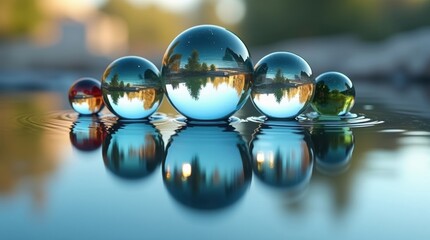 Clear glass spheres reflecting nature on calm water surface