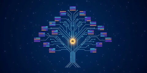 Futuristic AI Neural Tree with Digital Circuit Data Branches in Space