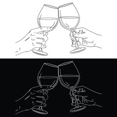 Clinking Wine Glasses Line Art Illustration in Black and White