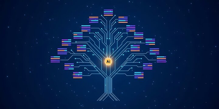 Futuristic AI Neural Tree with Digital Circuit Data Branches in Space