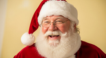 Naklejka premium Jolly man with a big white beard and red hat, smiling broadly and laughing contagiously, embodying the cheerful spirit of the holiday season