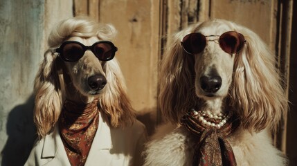 Two stylish dogs wearing sunglasses and vintage clothes posing outdoors in warm light perfect for humorous pet portraits, lifestyle design and creative advertising
