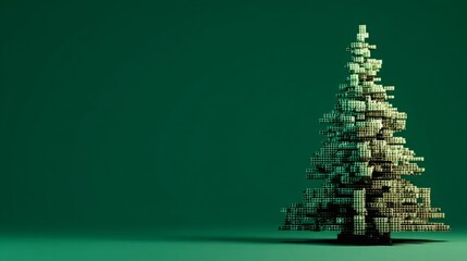 Digital Christmas tree with glowing lights on a green background.
