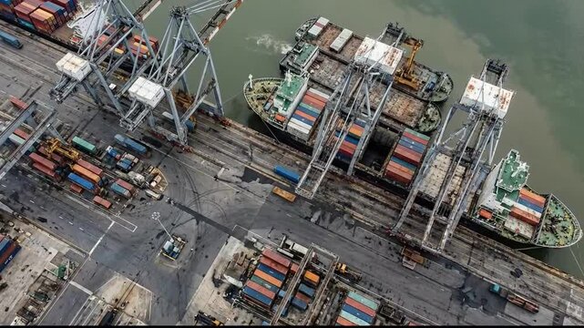 Aerial drone views show ships loading and unloading cargo containers.