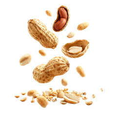 Peanuts falling with shells and kernels, transparent background