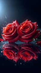 Red Roses: Fresh roses with water droplets