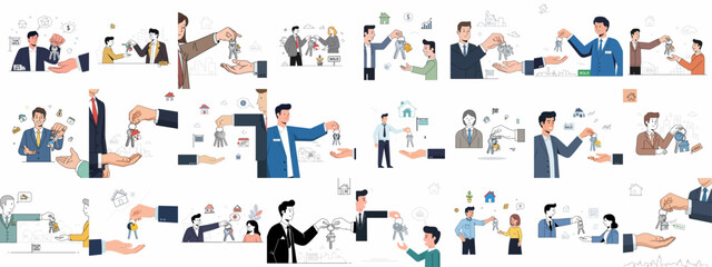 Real estate transaction concept illustrations bundle featuring agents exchanging house keys with clients after successful property purchase or sale.