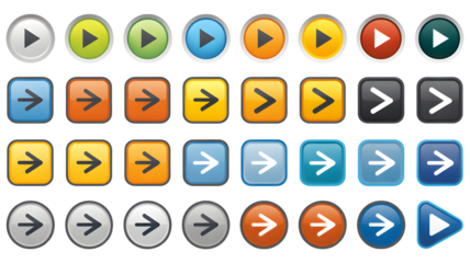 Collection of various colorful arrow and play buttons pointing forward for navigation.