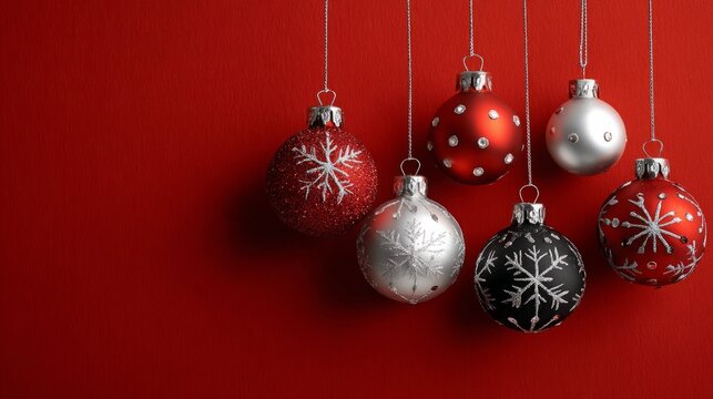 Elegant red, silver, and black Christmas ornaments with snowflake designs on a festive red background. - Powered by Adobe