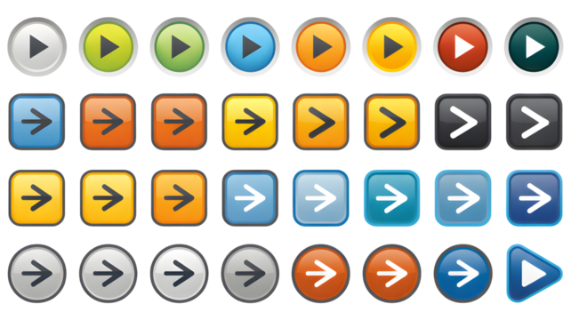 Collection of various colorful arrow and play buttons pointing forward for navigation.