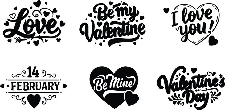 Valentine’s Day love heart icons with romantic phrases and February date for special occasion design