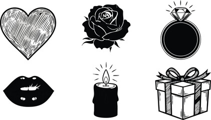 Heart lips rose ring candle gift icons vector illustration for romantic and love themed designs 