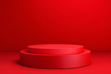 Two tiered red podium platform on a solid red background stage display
