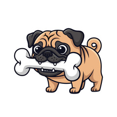 Cute Pug Dog Bite Bone vector cartoon illustration, Isolated on White Background