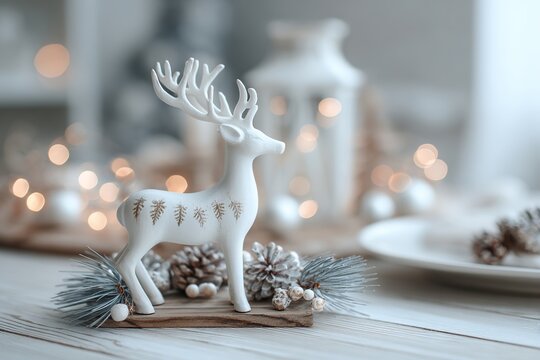 White ceramic reindeer figurine with pinecones and frosted branches on a wooden table with bokeh lights
