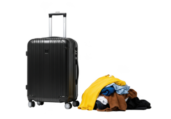 Black rolling suitcase next to a pile of clothes for travel isolated on transparent background