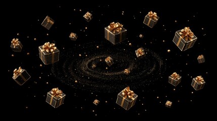 Luxurious golden gift boxes floating in a galaxy of shimmering sparkles on a black background.