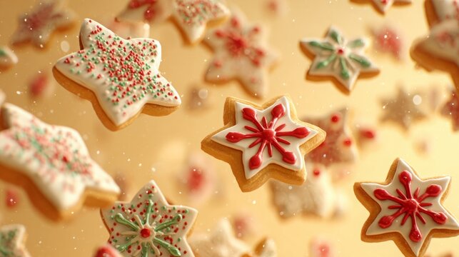 Festive star-shaped cookies with colorful icing floating in a golden background.