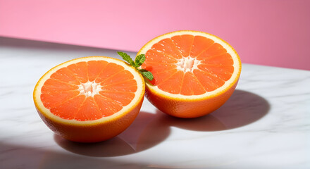"Fresh Halved Oranges with Green Leaves on Vibrant Pink Background"