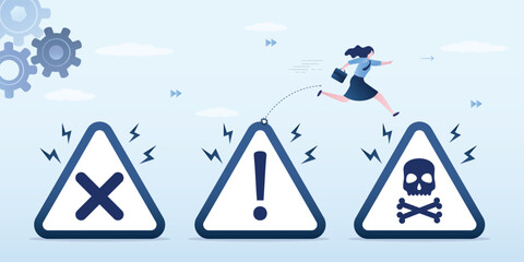 Achieving results by overcoming all obstacles, setbacks and difficulties. Ambitious businesswoman jumping on various triangle warning signs.