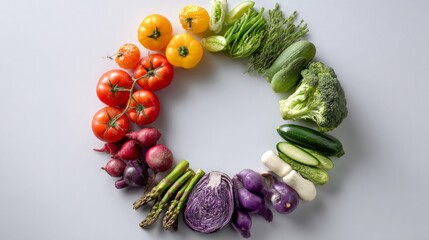Circular arrangement of fresh, colorful vegetables on a light background.