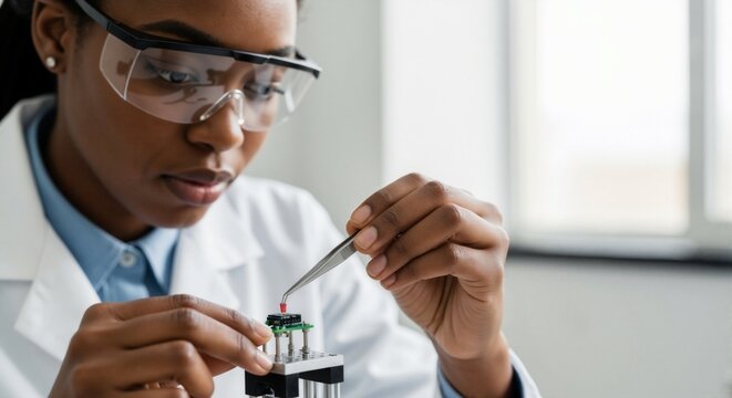 Focused Black female scientist using tweezers on electronic component in lab. Professional engineer working with precision technology. STEM research concept - Powered by Adobe
