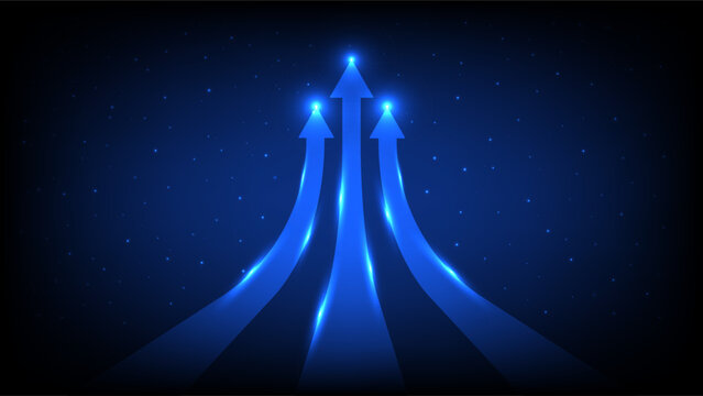 Three glowing blue arrows merging upward against a starry digital background, symbolizing growth and advancement