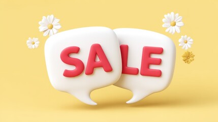 Colorful speech bubbles with the word SALE in bold red letters, surrounded by cheerful daisies on a bright yellow background, creating a vibrant promotional atmosphere