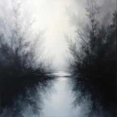 Fototapeta premium Misty forest path leading to a bright light over water