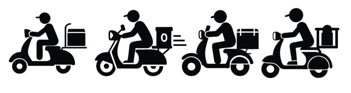 Set of man is riding a scooter delivery silhouette 