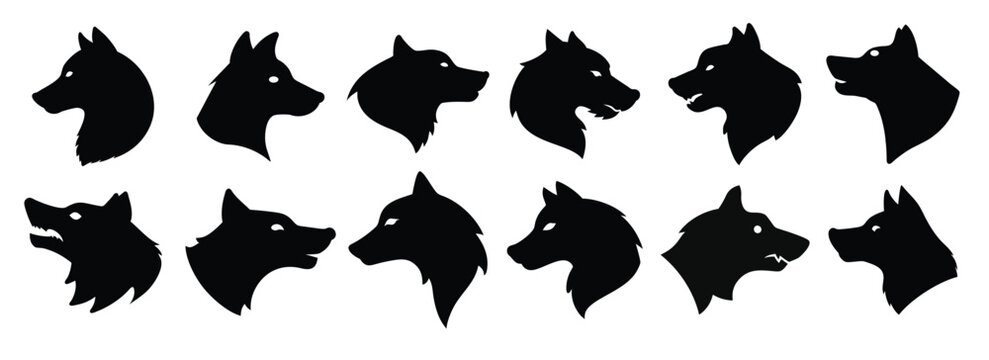 a set of wolf head black silhouette illustration 