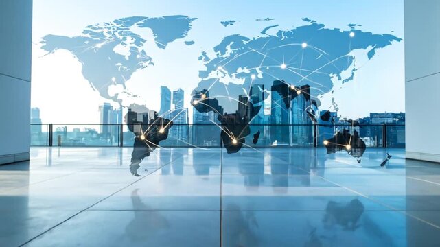 A global network visualized with lines connecting dots on a world map overlayed on a cityscape - Powered by Adobe