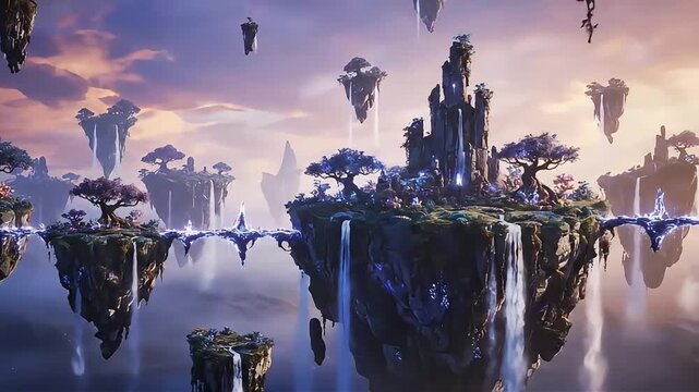 Enchanting fantasy landscape with floating islands, waterfalls, and mystical castles under a vibrant sunset sky.
