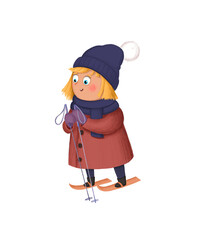  Cute cartoon girl skiing. picture on a transparent background