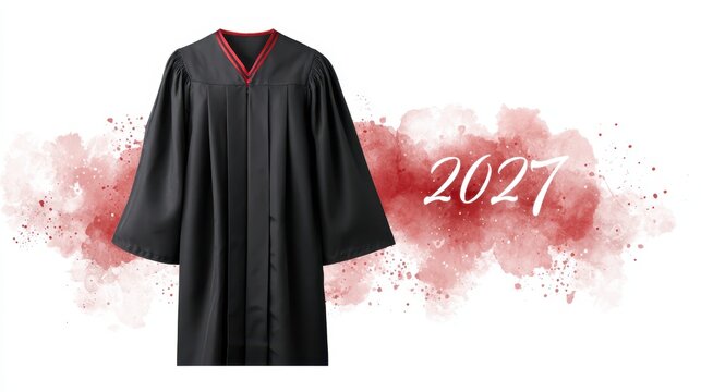 Graduation gown in black with red accents displayed against a watercolor splash background, featuring the year 2027, symbolizing achievement and celebration of educational milestones