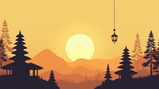 Silhouette of balinese temples and pine trees against a warm sunset sky - Powered by Adobe