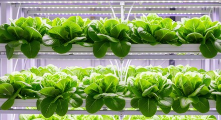 Fresh Green Lettuce in Indoor Hydroponic Farm. rows of fresh green lettuce growing in a vertical hydroponic farming system. Represents sustainable agriculture, urban farming, organic food, technology