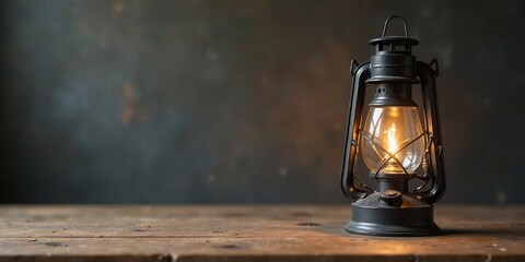 Illuminated Antique Oil Lamp on Rustic Wooden Surface, Evoking Nostalgia and a Sense of Warmth and History