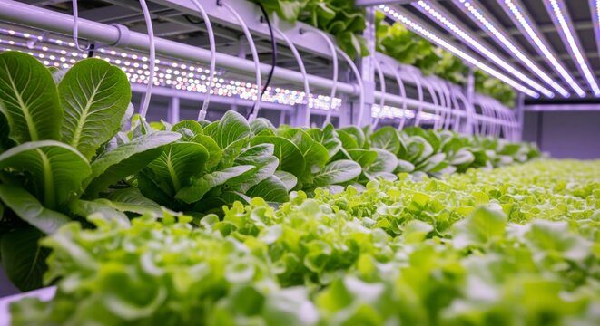 Fresh Green Lettuce in Indoor Hydroponic Farm. rows of fresh green lettuce growing in a vertical hydroponic farming system. Represents sustainable agriculture, urban farming, organic food, technology