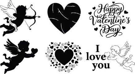 Cupid silhouettes and heart shapes with Happy Valentine&rsquo;s Day and I love you lettering for romantic greeting cards 
