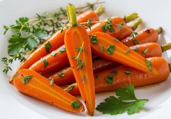 Glazed baby carrots with fresh herbs served on a white plate, close-up view