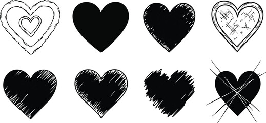 Set of eight black and white sketch style hearts vector illustration with textured and plain designs 