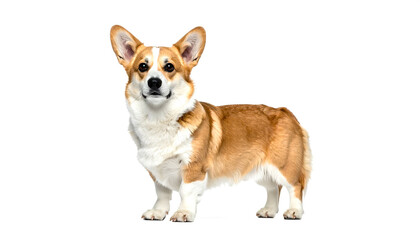 Pembroke welsh corgi standing attentively with its short legs on white background