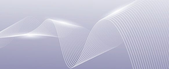 Abstract gray background with white shining curved wave lines