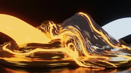 Slow motion close up shot of luminescent molten gold and silver liquid merging together with organic smooth movement against a deep black void slow, design element, metallic flow - Powered by Adobe