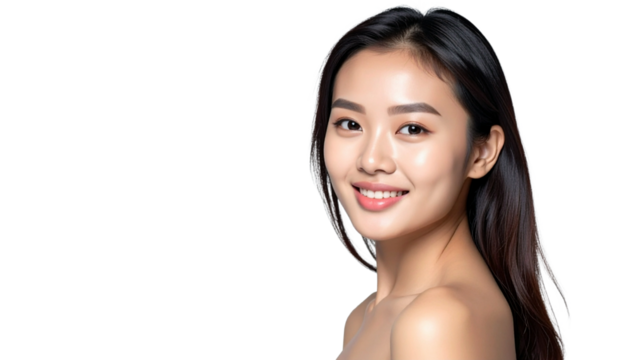 A beautiful portrait of an Asian woman smiling gently as she looks at the camera.