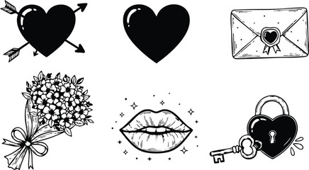 Heart symbols bouquet love letter lips lock and key romantic vector illustration set 