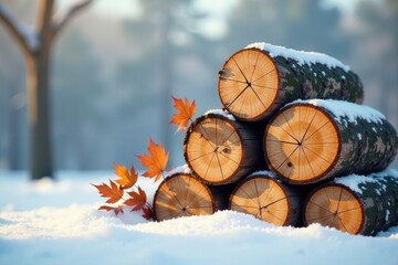 Winter's Embrace A Stack of Firewood Logs Covered in Fresh Snow with Autumn Leaves Nearby