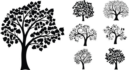 Tree silhouette collection with diverse leaf shapes and branch structures in black vector illustration set 